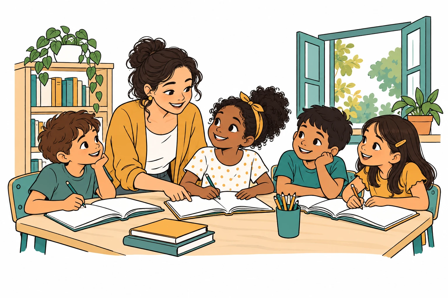 Ilustração das capas do kit: professora acompanhando quatro crianças em uma mesa de leitura