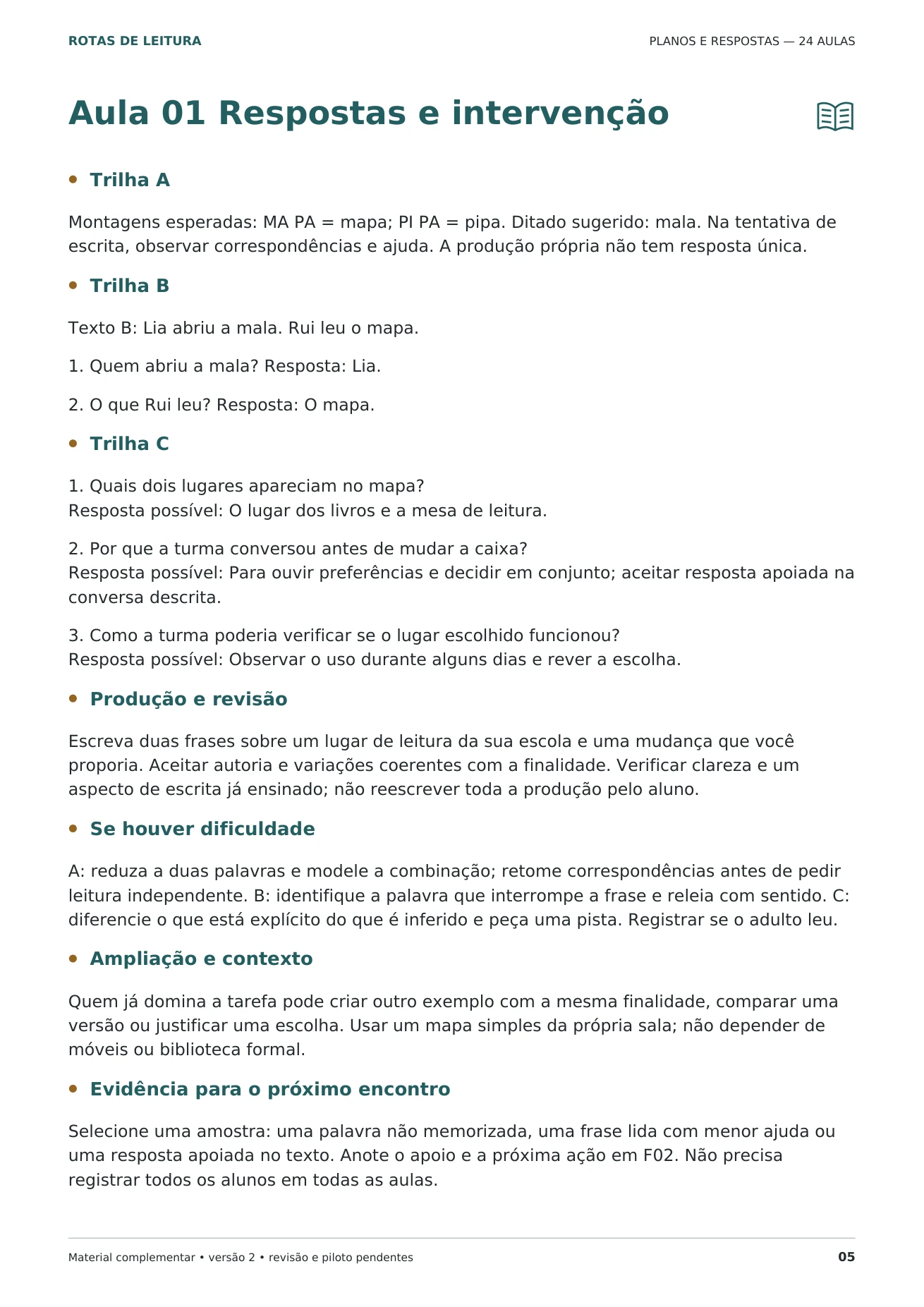 Aula 01, respostas e intervenção, página real dos planos