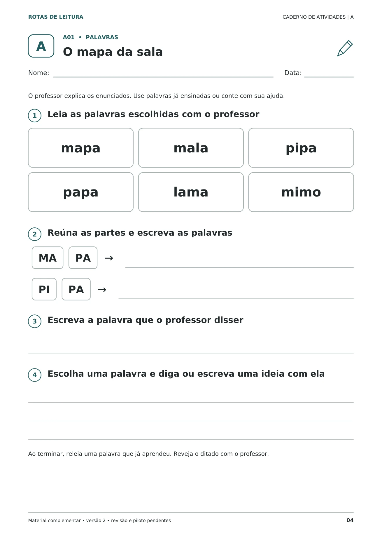 Página real A01, palavras, do Caderno de Atividades
